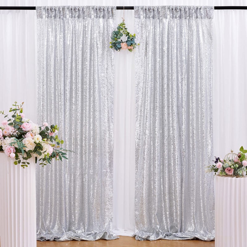 B.Cool B-COOL Silver Sequin Backdrop Curtains 2 Panels 2ftx8ft Birthday Sequin Curtain for Background Silver Drapes for Birthday Party Baby Shower Photography Decorations - Image 1